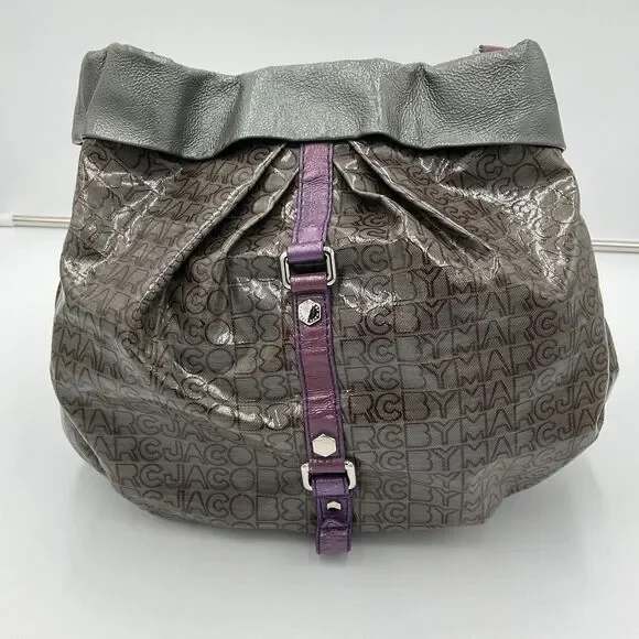Marc By Marc Jacobs Large Patent Leather Handbag Shoulder Bag Hobo Grey Purple - Picture 4 of 15
